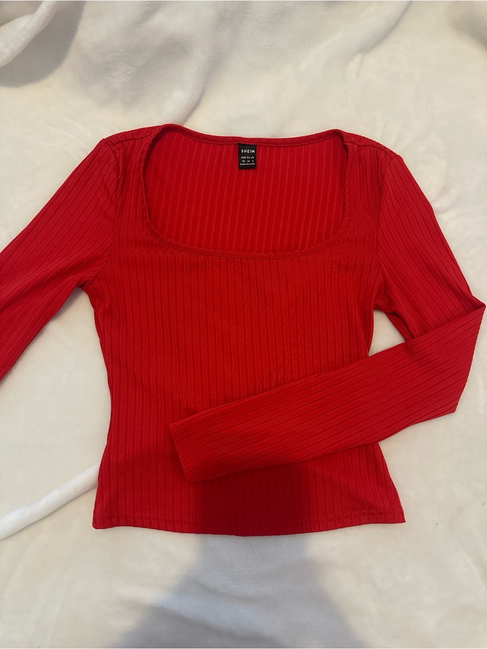 SHEIN Red Ribbed Square Neck Long Sleeve Top